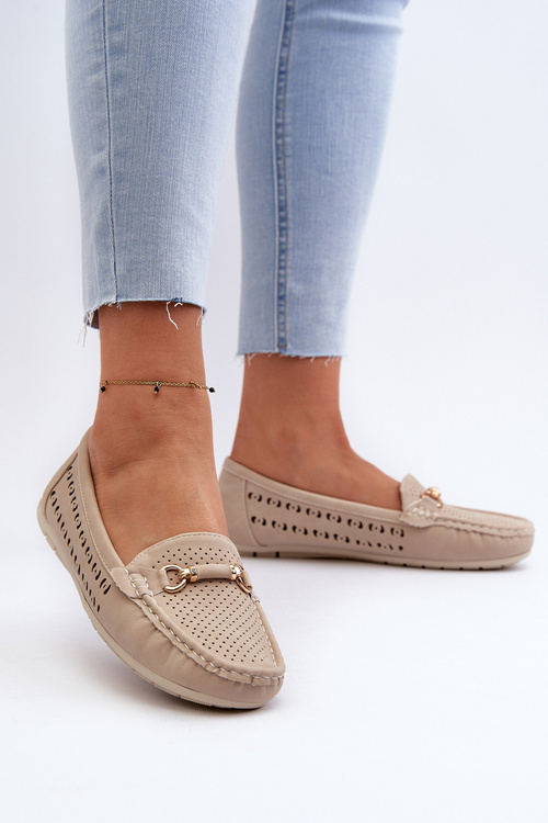 Mokasyny Damskie Ażurowe Z Ozdobą Beżowe Kaydance