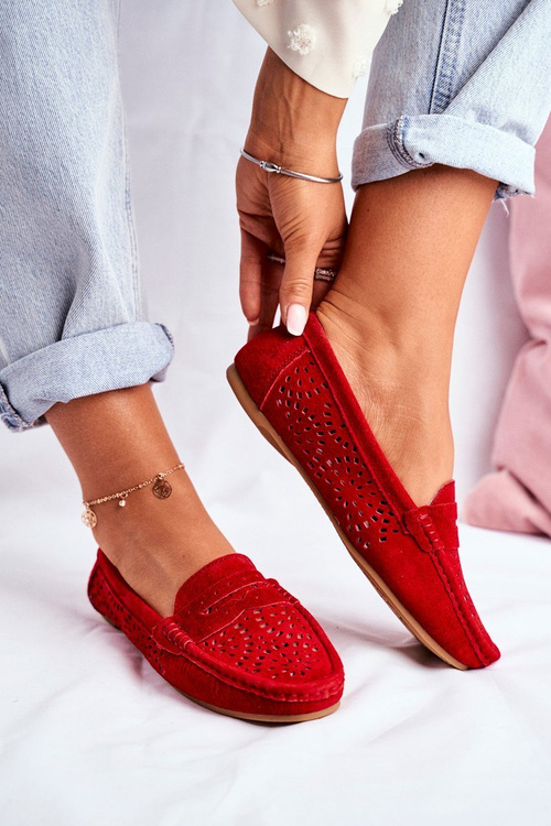 Zamszowe Ażurowe Mokasyny Damskie S.Barski Czerwone
