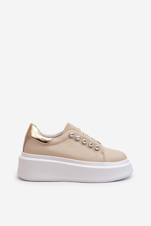 Skórzane Sneakersy Damskie Na Masywnej Platformie Beżowe S.Barski LR628
