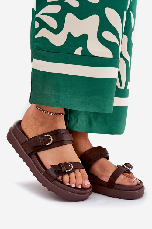 Klapki Damskie Na Platformie Ze Złotymi Klamrami Brązowe Wernone