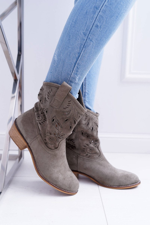 Botki Damskie Na Słupku Wsuwane Kowbojki Oliwkowe Lalu