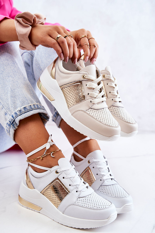 Damskie Skórzane Buty Sportowe Na Koturnie Beżowo-Białe Larson