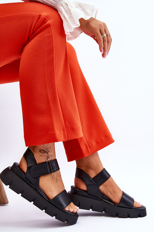 Damskie Skórzane Sandały Na Platformie Czarne Katte