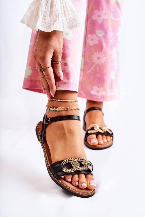 Damskie Sandałki Na Płaskim Obcasie Z Łańcuchem Czarne Minevra