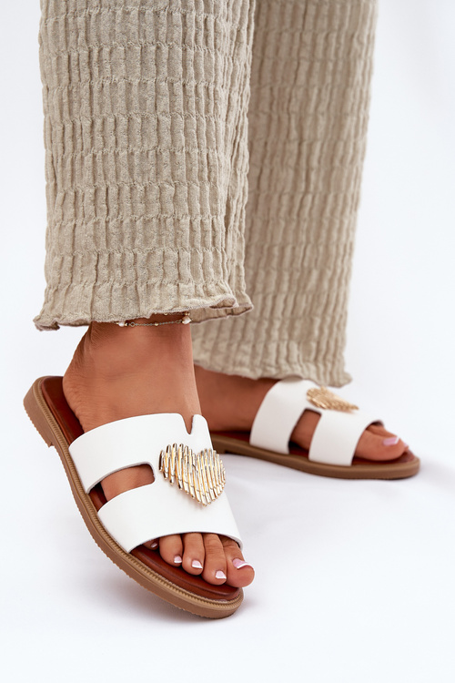 Klapki Damskie Na Płaskim Obcasie Ze Złotą Ozdobą Białe Karinma