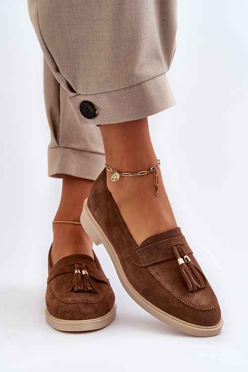 Zazoo 3420 Zamszowe Mokasyny Damskie Na Płaskim Obcasie Brązowe