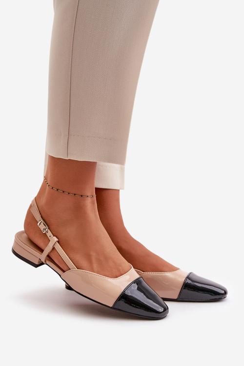 Lakierowane Baleriny Na Niskim Obcasie Z Odkrytą Piętą Beżowe Kairael