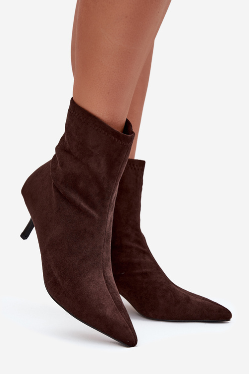 Ocieplane Botki Damskie Na Szpilce Eko Zamszowe Czekoladowe Belisse