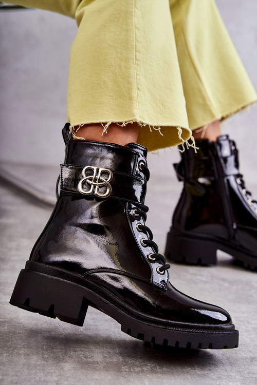 Lakierowane Damskie Ocieplane Botki Z Ozdobą Czarne Hayes