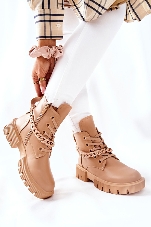 Skórzane Botki Workery Beżowe Izzy