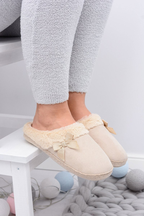Klapki Damskie Z Futerkiem I Kokardką SOXO Beżowe