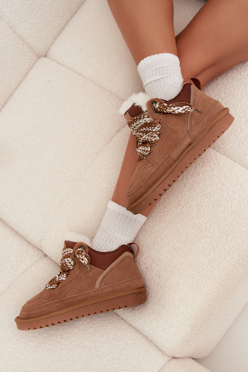 Zamszowe Śniegowce Damskie Z Futerkiem I Grubym Sznurowaniem Vinceza 97963 Camel