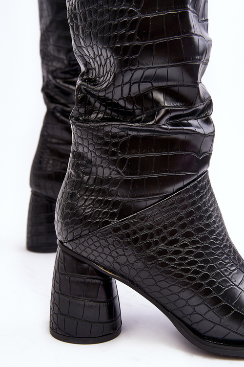 Damskie Kozaki Do Kolana Na Słupku Wężowy Wzór Czarne Ceriona