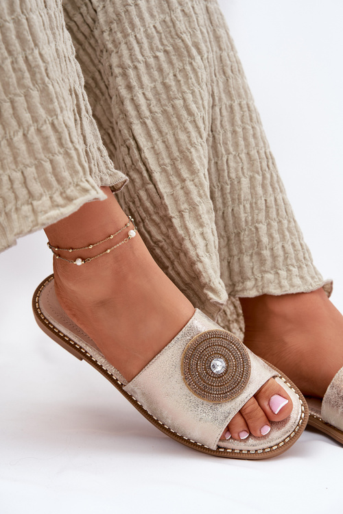 Klapki Damskie Na Płaskim Obcasie Z Ozdobą S.Barski KV51-013 Złote