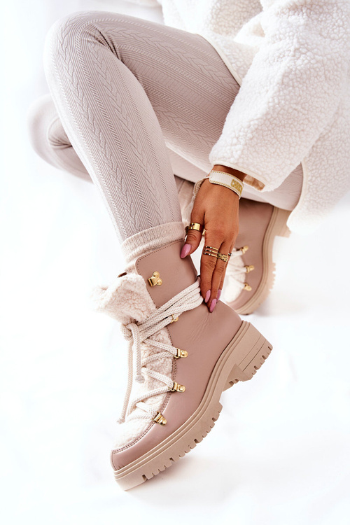 Skórzane Botki Trapery Wiązane Lewski Beżowe 3116