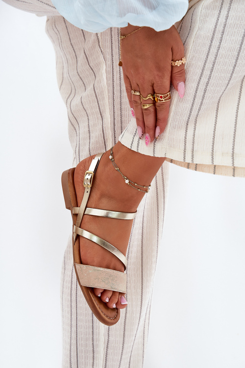 Skórzane Sandały Damskie Na Płaskim Obcasie Maciejka 06966-25 Złote