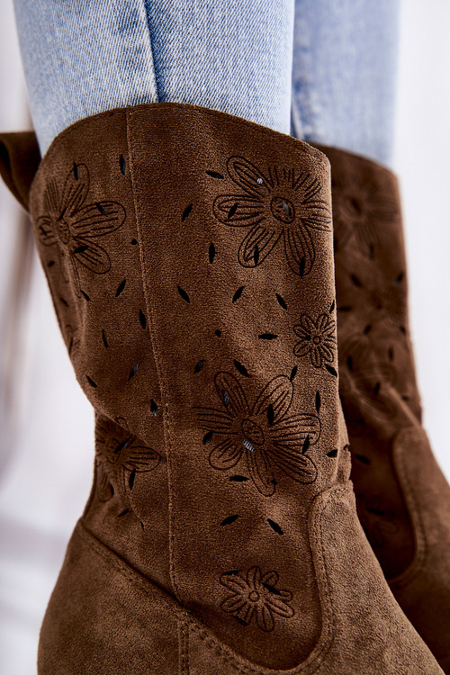 Damskie Zamszowe Botki Kowbojki W Kwiaty Khaki Ariane