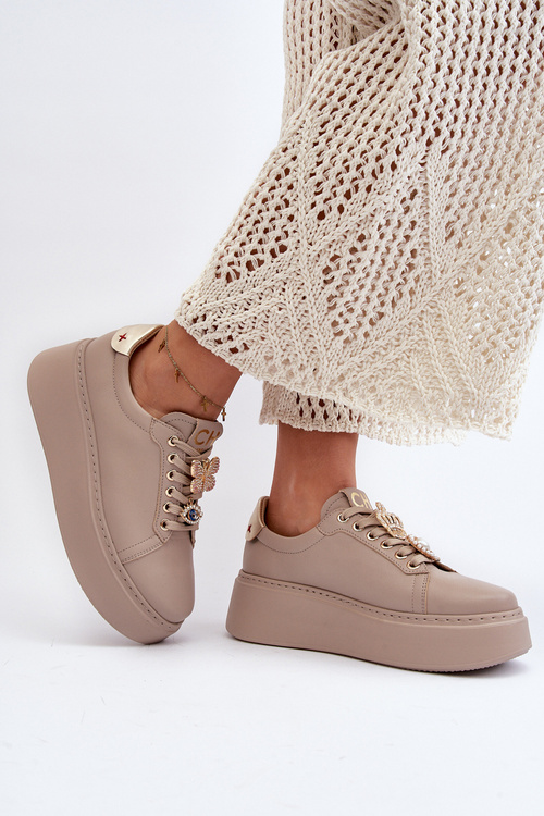 Damskie Skórzane Sneakersy Z Ozdobami CheBello 4292 Beżowe