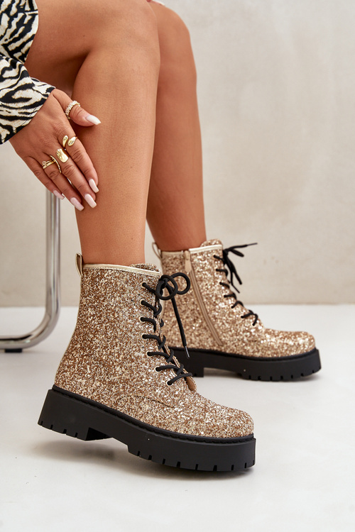 Ocieplane Botki Workery Damskie Ozdobione Cekinami Złote Liatheine