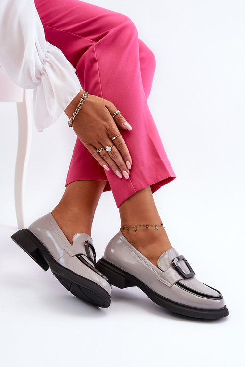 Skórzane Lakierowane Mokasyny Damskie Szare Fidodia