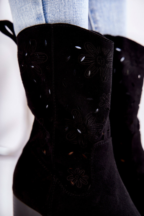 Damskie Zamszowe Botki Kowbojki W Kwiaty Czarne Ariane