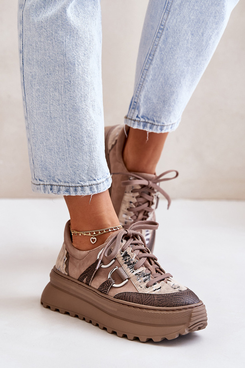 Skórzane Sneakersy Damskie Na Platformie Maciejka 06562-10 Ciemnobeżowe