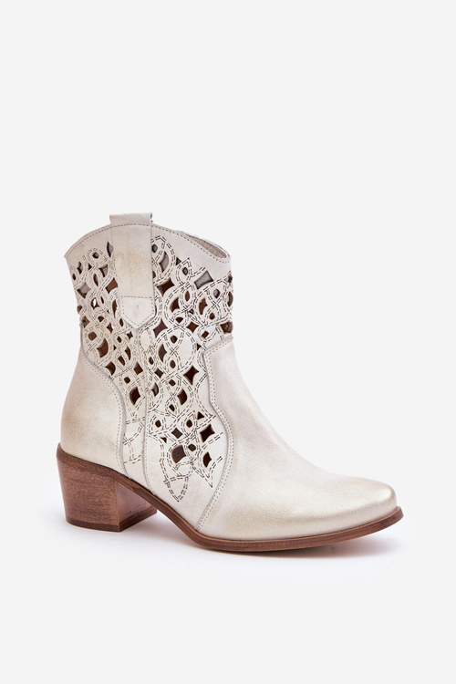 Damskie Botki Na Obcasie Z Ażurowym Wzorem Lewski 3394/2 Złote Przecierane