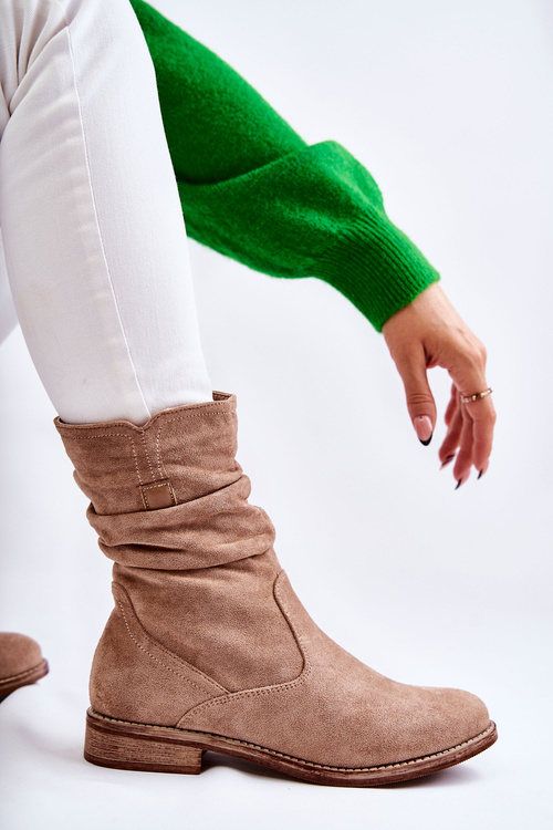 Damskie Marszczone Zamszowe Botki Beżowe Joanne