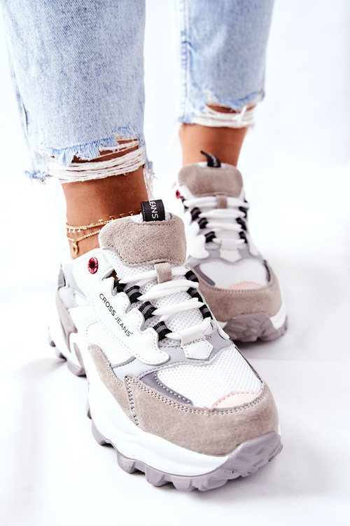 Sportowe Damskie Buty Cross Jeans Biało Szare II2R4020C