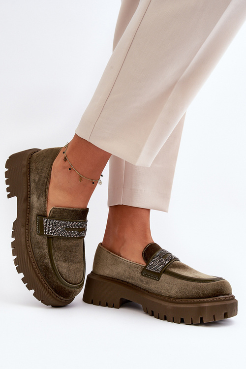 Damskie Welurowe Mokasyny Z Ozdobą Ciemnozielone Wendreda