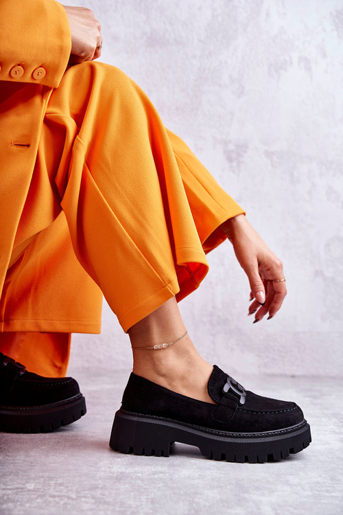 Damskie Półbuty Zamszowe Z Ozdobą Czarne Leeza