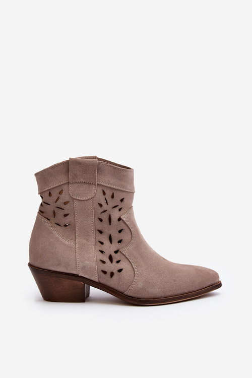 Zazoo 2870 Zamszowe Botki Na Niskim Obcasie Ażurowe Beżowe