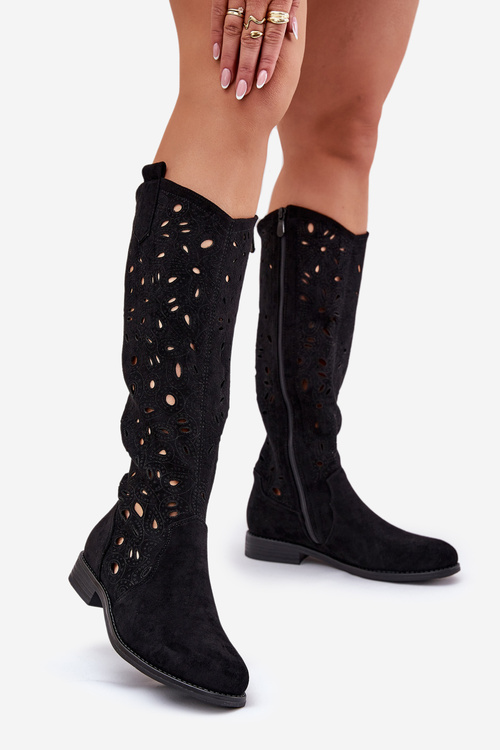 Ażurowe Kozaki Na Płaskim Obcasie HY51-176 Czarne