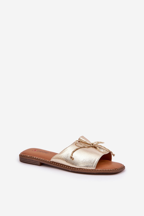 Klapki Na Płaskiej Podeszwie Z Ozdobną Kokardką Złote Deonelis