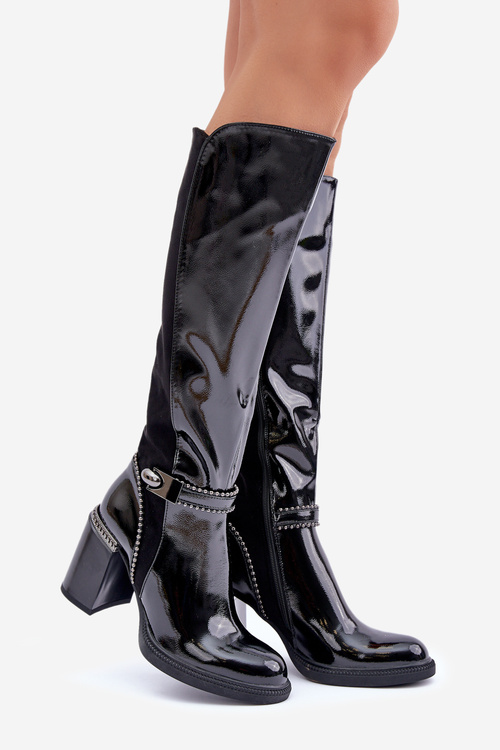 Zdobione Lakierowane Kozaki Damskie Na Słupku D&A MR880-055 Czarne
