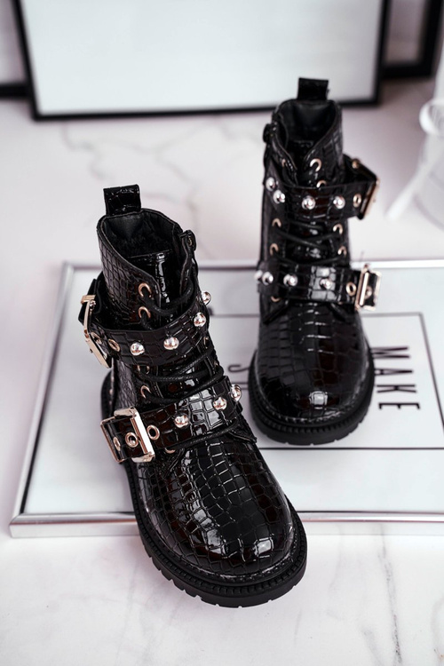 Dziecięce Botki Ocieplone Futerkiem Lakierowane Czarne Mary