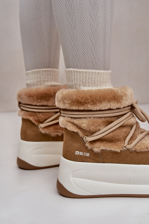 Skórzane Śniegowce Damskie Na Grubej Podeszwie Z Futerkiem Big Star OO274A207 Brązowe