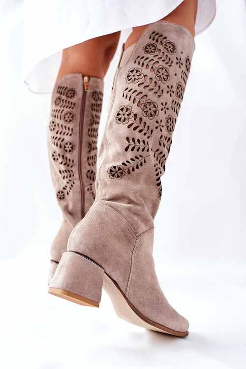 Zamszowe Kozaki Lewski Ażurowe Beżowe Romena