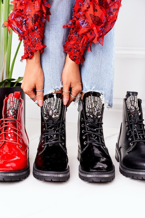 Lakierowane Ocieplane Workery Z Cyrkoniami Czerwone Attention