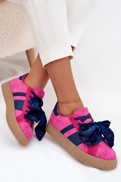 Sneakersy Damskie Z Welurową Kokardą Fuksja Ashlyn