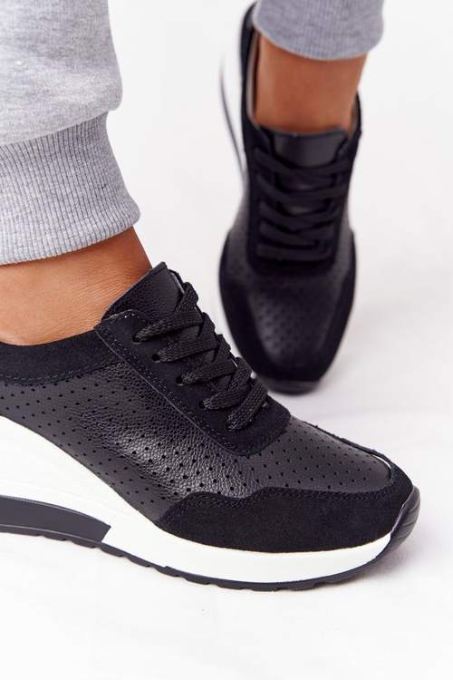 Ażurowe Skórzane Sneakersy Na Koturnie S.Barski Czarne