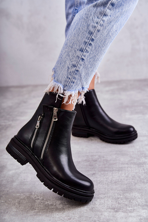 Damskie Skórzane Botki Na Suwak Czarne Navarra