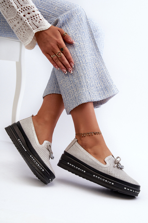 Błyszczące Mokasyny Damskie Skórzane Na Platformie S.Barski LR400 Srebrne