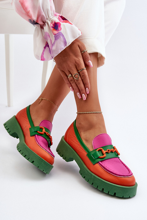 Mokasyny Skórzane Damskie Z Ozdobą CheBello 4444 Pomarańczowe