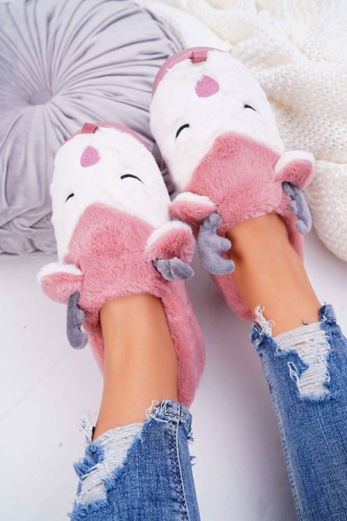 Papcie Damskie Z Futerkiem Renifery Ciemny Róż Reindeer