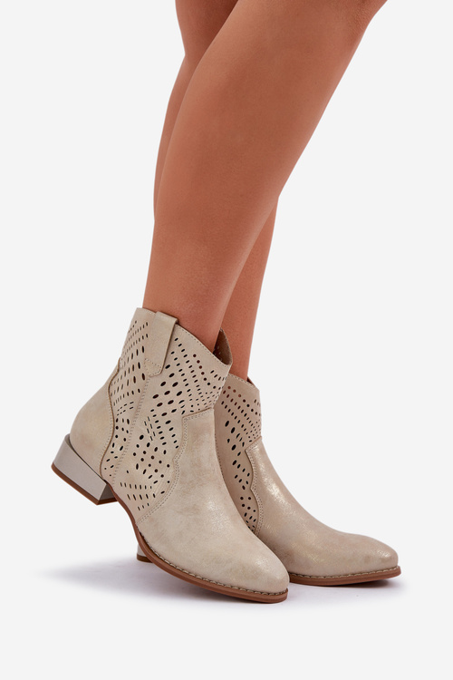 Ażurowe Damskie Botki Na Niskim Obcasie Złote Neliawen