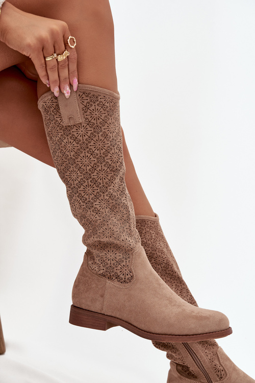 Kozaki Damskie Ażurowe Na Płaskim Obcasie S.Barski HY52-534 Beżowe