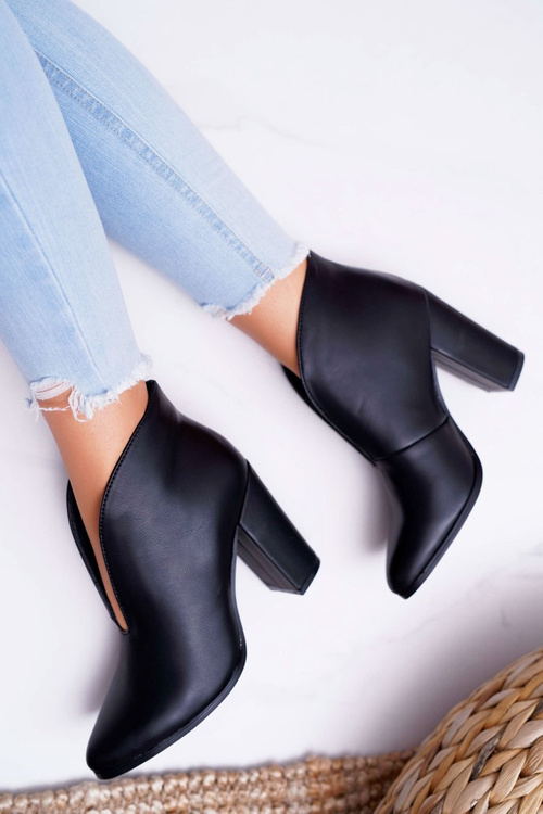 Botki Damskie Na Słupku Wsuwane z Wycięciami Czarne Mantana