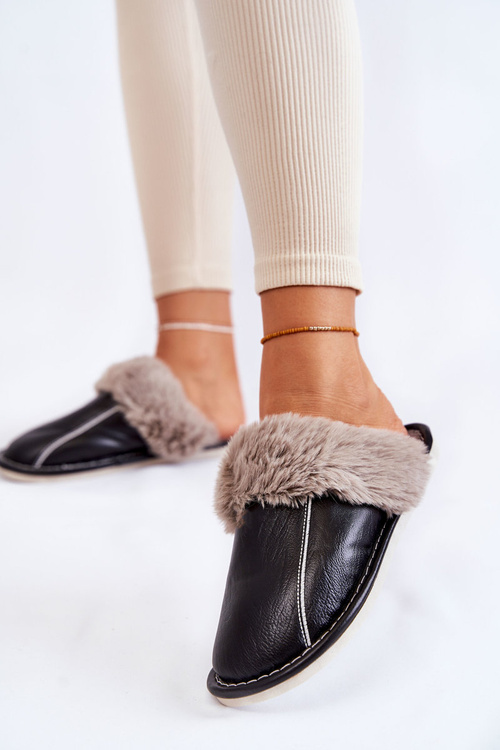 Damskie Skórzane Papcie Z Futerkiem Czarne Rossa