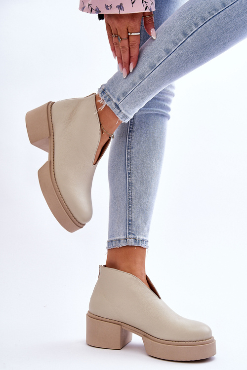 Skórzane Botki Na Masywnym Obcasie Nicole 2795/054 Jasnobeżowe